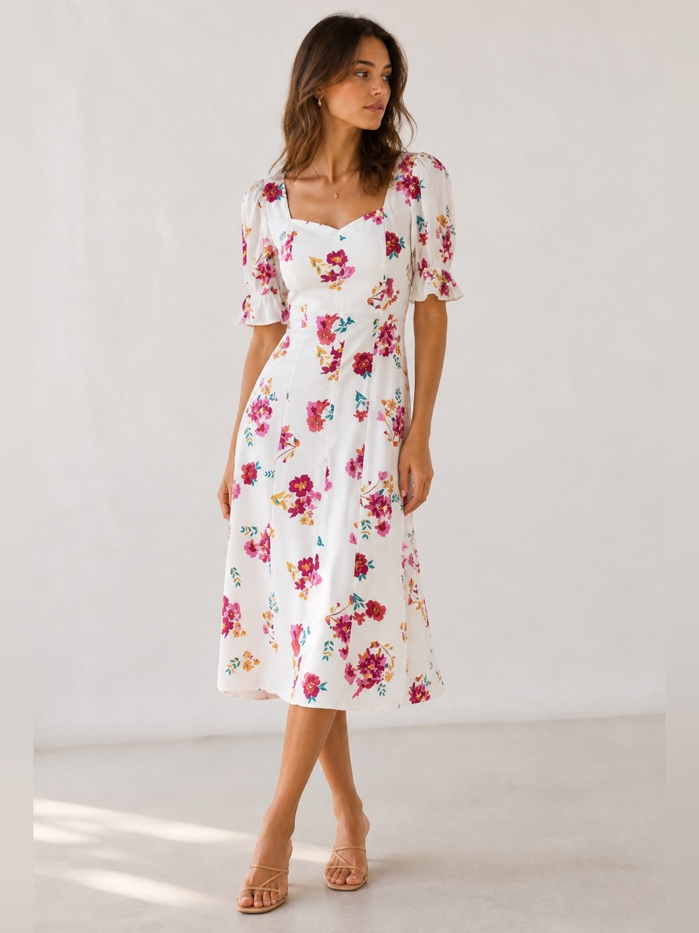 ROW A White Pink Floral Print Button Front Midi Dress Puff Sleeve Nordstrom
